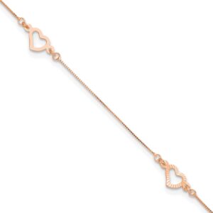 14K Rose Gold Fancy Open Hearts 3-Station Plus Extender - Total Anklet (6mm)