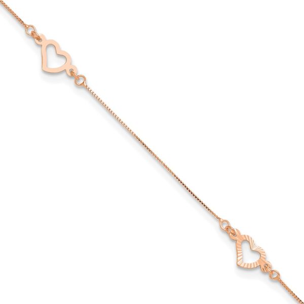 14K Rose Gold Fancy Open Hearts 3-Station Plus Extender - Total Anklet (6mm)