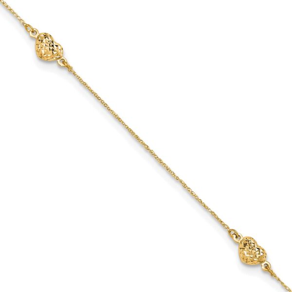14k Polished Diamond-cut Triple Puffed Hearts Plus Extender - Total Anklet (5mm)