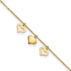 14k Three Heart Dangles Plus Extender - Total Anklet (7mm)