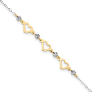14K Two-tone Three Hearts and Diamond-cut Beads Plus Extender - Total Anklet (7mm)