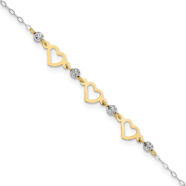 14K Two-tone Three Hearts and Diamond-cut Beads Plus Extender - Total Anklet (7mm)