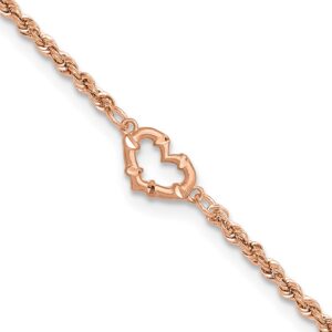 14k Rose Gold Diamond-cut Open Heart and Rope Chain Anklet (10mm)