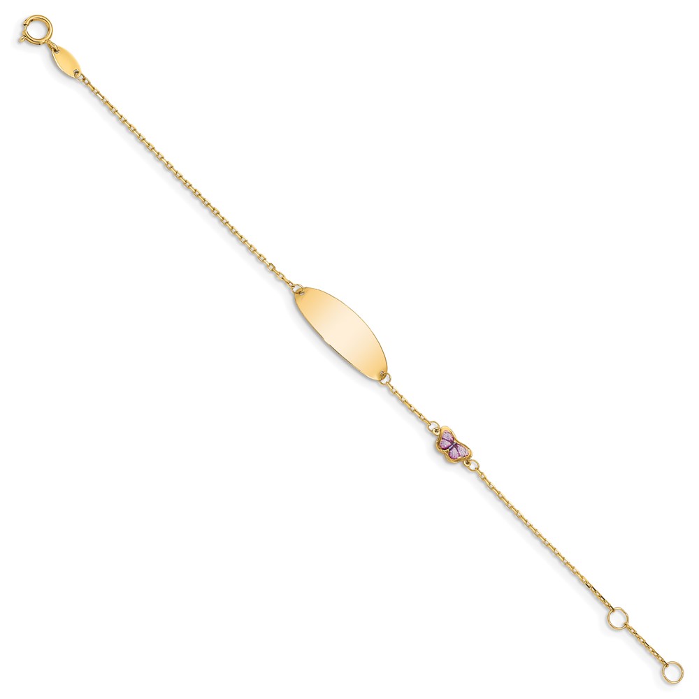 14K Polished Purple Enamel Butterfly and 20x Plate Baby/Child ID Bracelet with Extender (7.06mm) - Image 2