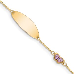 14K Polished Purple Enamel Butterfly and 20x Plate Baby/Child ID Bracelet with Extender (7.06mm)