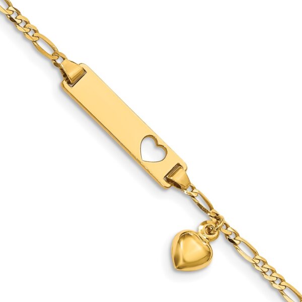 14k Polished Solid Chain/Solid Plate Cut-out Heart with Heart Dangle Figaro Link 21x Plate Baby/Child ID Bracelet (6mm)