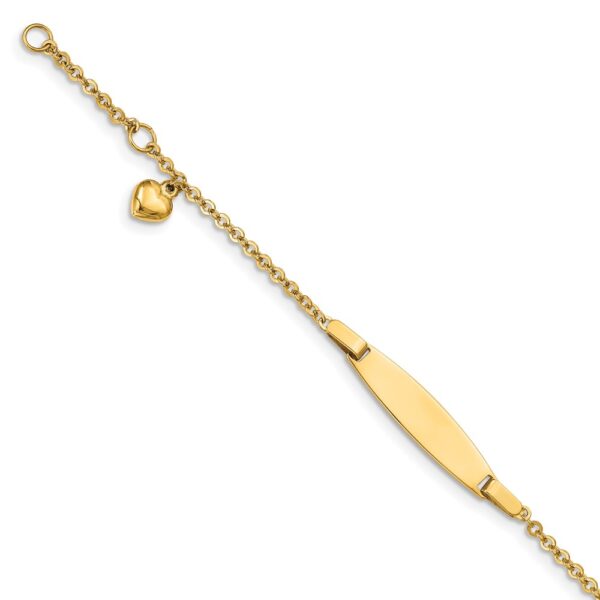 14K Polished Solid Chain/Solid Plate Heart Dangle 20x Plate Baby/Child ID Bracelet with Extender (5mm)