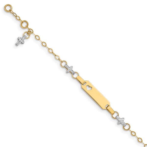 14k Two-tone Polished Textured Cross and Cut-out Heart 18x Plate Baby/Child ID Bracelet with Extender (6mm)