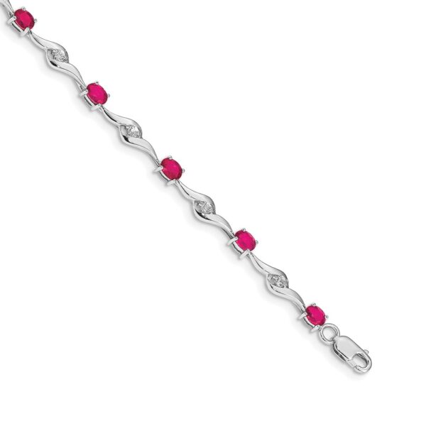 14k White Gold Complete Oval Ruby and Round White Sapphire Curved Link Bracelet (4mm)