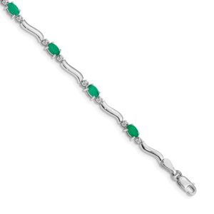 14k White Gold Complete Diamond and Oval Emerald Wavy Link Bracelet (4mm)