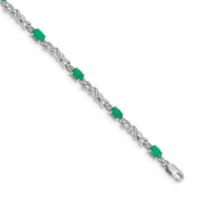 14k White Gold Complete Diamond and Oval Emerald X-design Bracelet (4mm)