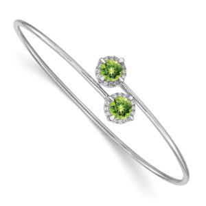 14k White Gold Complete Round Peridot and 1/8 carat Diamond Halo Flexible Bangle Bracelet (7mm)
