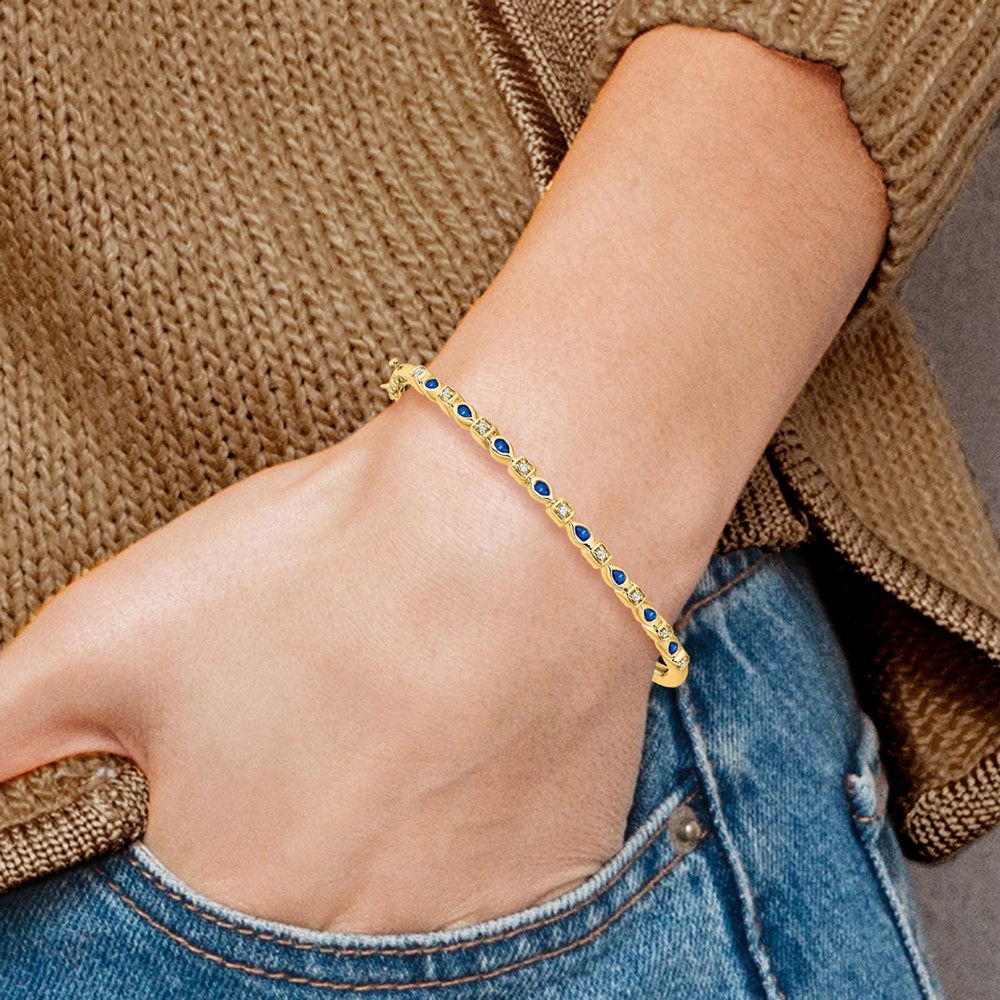 14k Complete Sapphire and 1/10 carat Diamond Hinged Bangle Bracelet (3.2mm) - Image 3